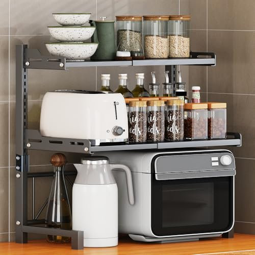 Microwave Shelf Expandable Microwave Oven Rack Shelf Stand kitchen counter shelf unit wall mounted Desktop Printer Heavy Duty Storage Solution Organiser Stand Bakers Pot Pan Grill (Black 3Tiers)