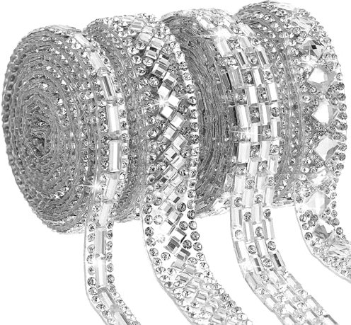 Telooco 4 Rollen Selbstklebende Strassband Silber Glitzerband Selbstklebend Strasssteine Diamant Kristall Band Glitzer für DIY Kunsthandwerk Auto Telefon Spiegel Dekoration (7/10/12mm)