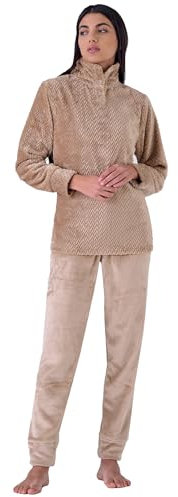 Pigiama Pile Coral Donna Molto Caldo Invernale Jaquard - Pigiama Scatolato in Pile Coral Collo Alto con Bottoncini Idea Regalo (XL, Beige 2914)
