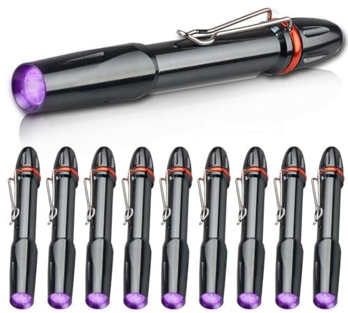 MODOAO UV Light Torch, 10 Pack Portable Ultraviolet Blacklight Flashlight, Mini Pocket 395nm UV Flashlight Penlight, AAA Battery Powered Pen Light with Clip, for Inspection, Work, Repair and More