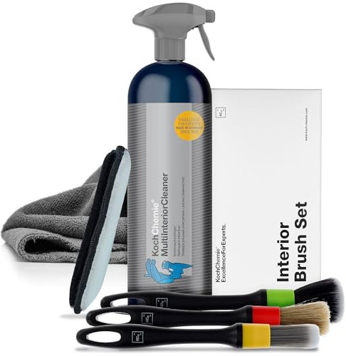 Auto Reinigungsset Innenraum | Koch Chemie Multi Interior Cleaner 750ml Innenraumreiniger + 3X Detailing Pinsel + Mikrofasertuch + Mikrofaser Pad |Effiziente Reinigung von Polster Textil Kunststoff