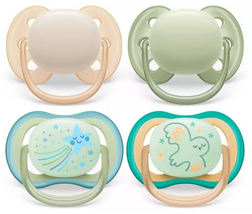 Philips Avent Schnuller 0-6 Monaten (4er Pack) Tag & Nacht, 2 Ultra Soft Schnuller & 2 Ultra Air Nighttime im Dunkeln leuchtende Schnuller, inkl. Transport- und Sterilisationsbox, 0-6 M, 4 Stück