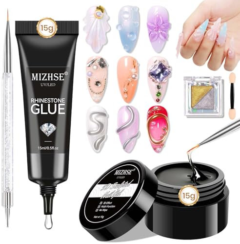 MIZHSE 3D Sculpting Nail Gel Kit, 3D Nail Gel and Rhinestone Glue Gel with 2 Color Chrome Powder and Silicone Nail Art Sculpture Pen Carving Gel For Nail Art DIY Molding Gems Decoration Manicure