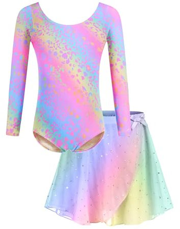 Bricnat Ballettkleidung Mädchen Langarm Tanzkleid Kinder Baumwolle Balletttrikot Ballettkleid Ballettanzug Tanzbody mit Rock Tütü Regenbogen 150