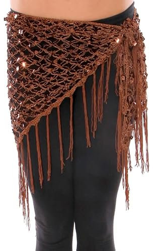 Crepundia Damen Bauchtanz Hüfttuch Grün/Gold/Silber Bauch Tanz Zubehör Glänzend Häkeln Gürtel Pailletten Hüfte Schal Quaste Wraps for Bauchtanz Taschentuch Bauchtanz Kostüm(Brown)
