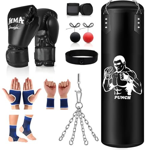 Heavy Punching Bag Hanging Set, 4FT Unfilled Boxing Bag for All Ages, Pro Training PU Leather Punch Bag with Gloves, Wristband, Hanging Chain for MMA Kickboxing Grappling Muay Thai Karate Home Fitness