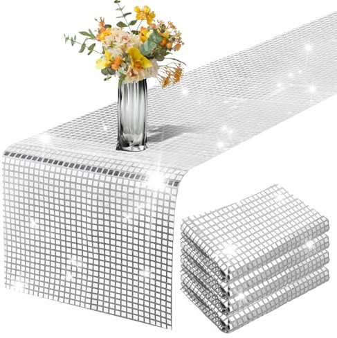 cobee Tischdeko Party, Disco Party Tischläufer Silber Pailletten Tischläufer Glitter Paillette Tischläufer Disco Abschlussball Party Tischläufer Geeignet Glitzer deko Disco Party Deko(30x275CM)