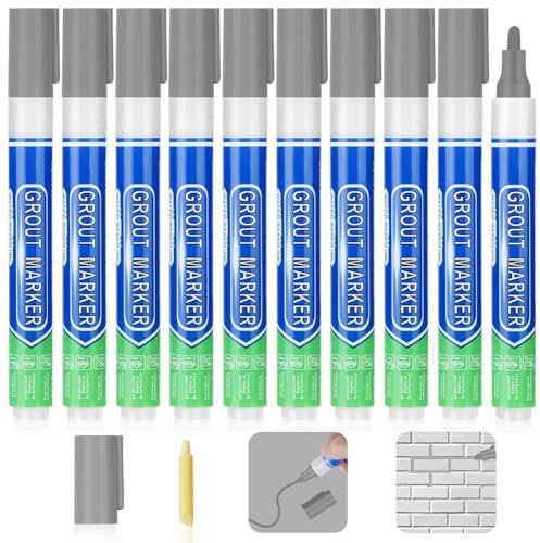 Flintronic 10PCS Grout Pen, Light Grey Tile Paint Marker, Tiles Grout Pen Wall Repair Pens, Grout Reviver and Sealer Pens for Bathrooms Kitchen Floor, Wall Lines