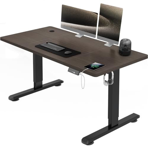 Airfish Höhenverstellbarer Schreibtisch mit USB-Buchse, Elektrisch Schreibtisch mit Kabelwanne, Computertisch, Bürotisch, Stehpult mit Erinnerung an sitzende Tätigkeiten, 120 x 80 cm, Nussbaum