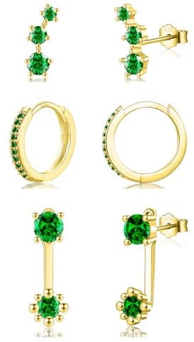 ADVIOK 3 Pairs Gold Earrings Set for Women, Stud Earrings Green AAA Cubic Zirconia Hoops Emerald Hoop Sterling Silver 925 Gold Plated for Ladies Girls