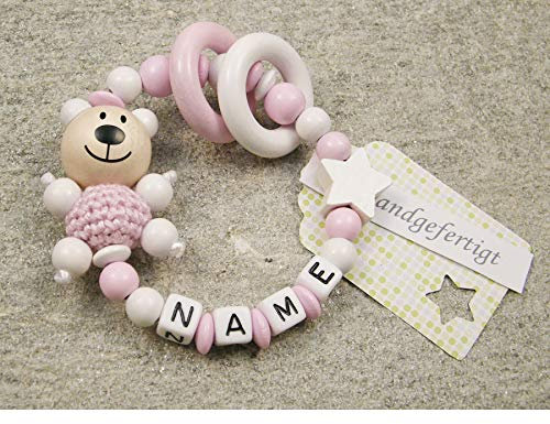 kleinerStorch Baby Motorik Spielzeug personalisiert mit Namen | Holz Lernspielzeug als Mädchen & Jungen Geschenk zur Geburt, Taufe | Bär und Stern in Weiss