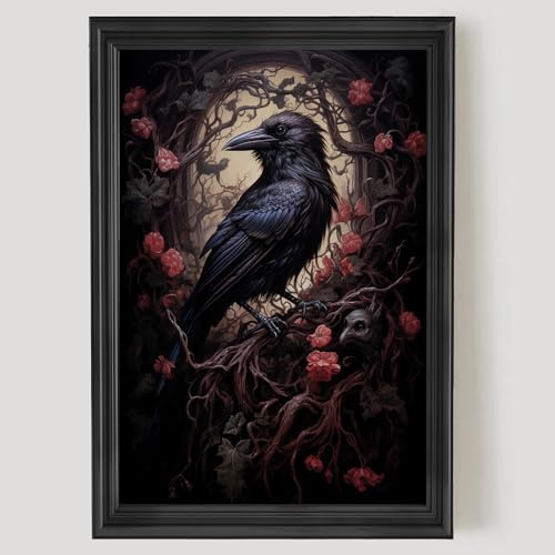 Dark Academia Krähen-Wandkunst, Vintage, Gothic-Bild, Halloween, Raben-Druck, dunkel und stimmungsvoll, Leinwandkunst, Blumenkunst, Gothic-Krahen-Gemälde, viktorianisches Gothic-Poster,