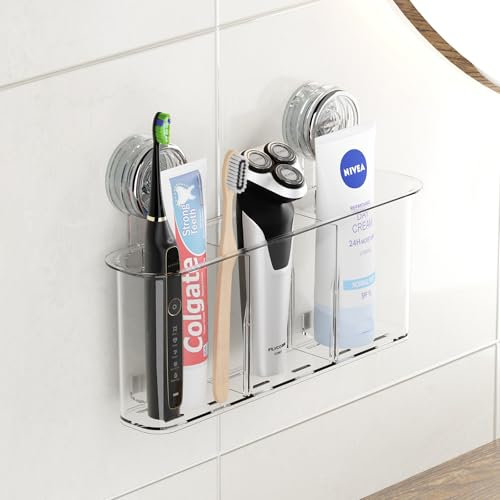 PAVSTINE Support Brosse a Dent Ventouse Grand, Porte Brosse à Dents Electrique Sans Perçage, Accroche Brosse a Dent Murale Charge 6KG, Amovible Organisateur Brosse a Dent de Salle de Bain, Transparent
