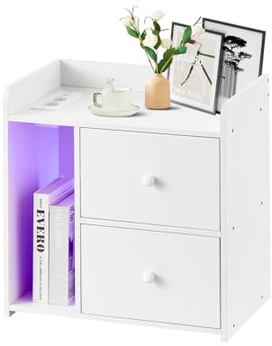 CLIPOP Nachttisch mit LED-Beleuchtung und Ladefunktion, Beistelltisch mit 2 Schubladen, einstellbare Farben,Nachtschrank mit Steckdose und USB, Nachtkästchen modern für Wohnzimmer, Schlafzimmer