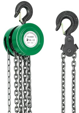 STANEW Manueller Kettenzug mit robustem Haken, Hubhöhe 6,0 m, Grün, Doppel-Ladungskette, G80, Hebehaken mit Sicherheit (2 Tonne 6,0 m)