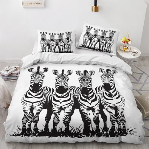 Bettwäsche 200x200 Zebra - Tiere Deko Bettbezug 3 Teilig Set mit 2 Kopfkissenbezug 80x80, mit Reißverschluss, Weiche Kuschelige Bügelfreie Mikrofaser Wendebettwäsche ZJY3441