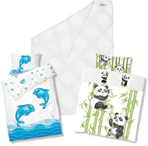 Koru Kids® Kinder Bettdecke 100x135 cm – Ganzjahresdecke - Set mit 2 Kinder-Bettbezügen Delfin & Panda - mit 95° waschbar – extra Hygiene für Allergiker - Kinderbettdecke - Oeko-TEX – Duvet