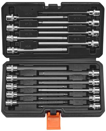 VEVOR Jeu de Douilles Hexagonales Extra Longues 18PCs, Entraînements 3/8 po (9,5 mm), SAE 1/8-3/8 po (3,2-9,5 mm) et Métriques 3-12 mm, en Acier Allié S2 et Acier Cr-V, avec Coffret, Mécanicien