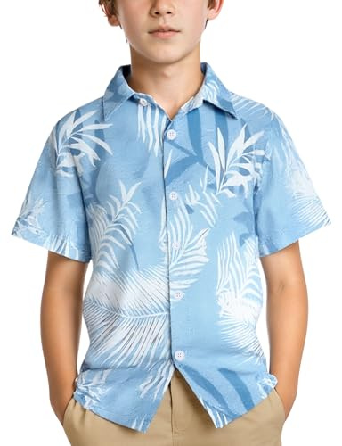 Yimoon Hawaii-Hemd für Jungen, Blumenmuster, tropischer Strand, Button-Down-Shirt, Kinder, Sommer, Aloha-Hemd für 6–13 Jahre, Monstera Blue, 12 Jahre