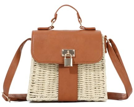 EVEOUT Sac Bandoulière Rotin Tressé Femme été élégant Cabas Osier Sac à Main Panier Paille avec Sangle pour Plage Vacances(Beige)