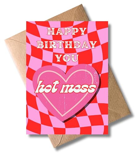 WBdesignz Happy Birthday You Hot Mess mit Umschlag – Lustige Geburtstagskarte für Frauen & Freundinnen – Retro Pop Art Design mit Herz - in Rosa & Rot - Geburtstag (DIN A6)
