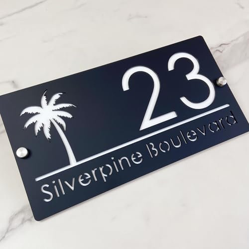 Plaque d'adresse personnalisée - Numéro de maison 3D en acrylique - Découpe au laser - Design moderne avec effet flottant et arbre de vie - Panneau extérieur pour maison, hôtel et appartement - Noir