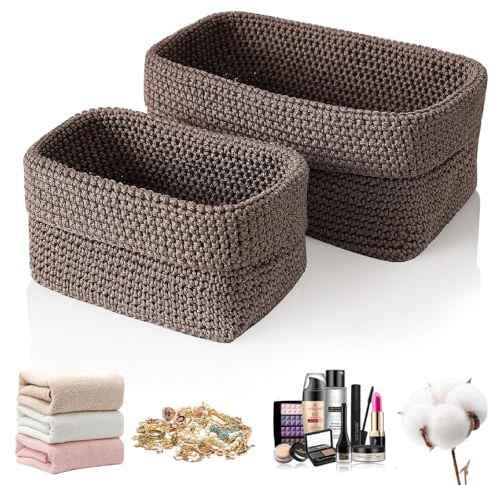 Aufbewahrungskorb Braun,2 Stück Handgewebter Häkelkorb aus Baumwollseil, Stylischer Strickkorb für Deko, Bad Körbchen, Handtuchkorb für Handtücher, Kosmetik, Spielzeug und Bücher