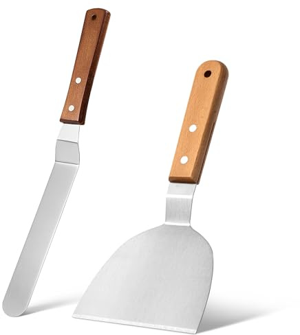 Pfannenwender Edelstahl & Winkelpalette Torte Set, 10 Zoll Grillspachtel und 8 Zoll Winkelpalette mit Holzgriffen, für Kuchen Dekoration, Kochen und Grillen