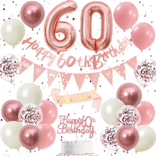 60th Birthday Decorations Retro Pink Rose Gold - Double Digits 60 Party Supplies Set for Women & Girls, birthday Banner, Pennant Flags, Cake Topper, Balloon Assortment (60th Pink Birthday Set)