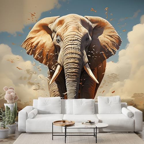 Selbstklebende Tapete Afrika Elefant Wandbilder, Vlies Fototapete mit Tier Motiv, 3D Effekt Wandtapete Deko, Abziehen & Aufkleben, 300x210 cm - S-1038