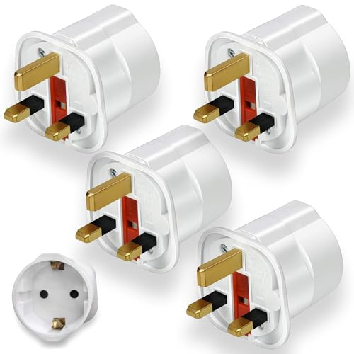 4 Pack European to UK Plug Adaptor, EU to UK Plug Adapter with 13A Fuse, European to uk plug Adapter 2 Pin Plug Adaptor to 3 Pin for Travel, Electronics & Devices (Not for Shavers or Toothbrushes)