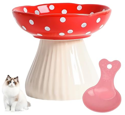 Cute Mushroom Cat Water Bowl: PRITOK Elevated Cat Food Bowl, Raised Ceramic Cat Bowl Anti Vomiting Shallow with a Ca t Food Spoon, Dog and Ca t Supplies, Wide Shallow Cat Food Dish for Whisker Fatigue