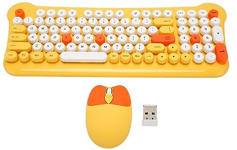 Asixxsix Clavier et Souris sans Fil, 98 Touches Rondes rétro avec Souris Mignonne, récepteur USB 2,4 GHz, pour w i n d o w s 98, PC, Ordinateur Portable, Ordinateurs de Bureau (Yellow)