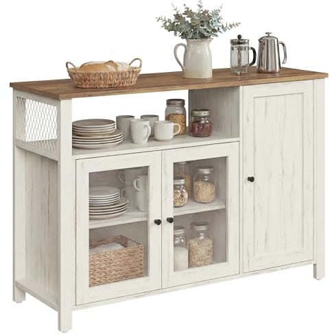 VASAGLE Sideboard, Küchenschrank, mit 3 Türen, 33 x 110 x 75 cm | Aufbewahrungsschrank, für Wohnzimmer, Küche, Esszimmer, Industriestil, Rustikales Weiss, DAXTON Kollektion LSC096WJ02