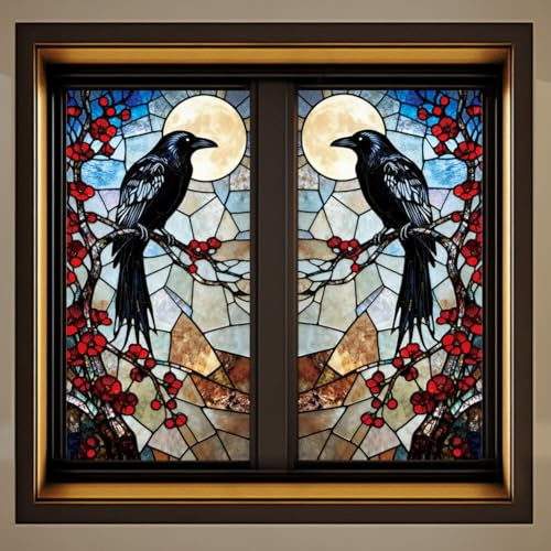 Peacoblue Gothic Crow Under Moon Window Decals, Large Static Cling Sticker | 47.2x11.8 Inch Double Sided Window Cling, Waterproof Removable Glass Sticker for Home Office Classroom Decoration