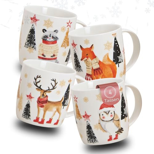 Bella atmosfera - Set di 4 tazze da caffè, grandi 300 ml, con simpatici motivi natalizi