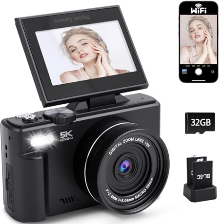 Digitalkamera 5K 75MP Kamera Fotokamera und Vlogging mit WiFi, 32GB Karte, 18X Zoom, 3,0 LCD 180° Kompaktkamera Fotoapparat für Kinder Teenager Student Anfänger