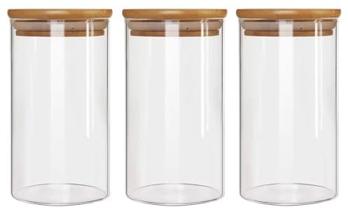 35.2oz Glass Pasta Storage Jars With Lids, Airtight Pasta storage containers with Bamboo Lids, Clear Glass Jar Kitchen Food Containers, for Oats Nuts Flour Sugar Coffee Tea Candy set of 3 ( 1000ml )