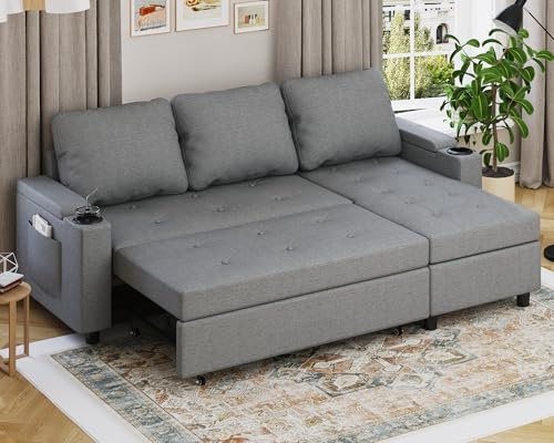Devoko Canape Dangle Convertible, Canapé Convertible avec Rangement et Méridienne Réversible, Multifonctionnel Canape 3 Places Canapé Lit avec Accoudoirs pour Salon et Petit Appartement, Gris Clair