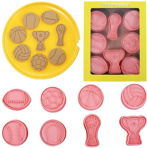 QUDYNZAL 8 Pcs Sports Ball Cookie Cookie Stamps with Plunger Cutters Set 3D Cartoon Cute Soccer Basketball Biscuit Cutter Cookie Stamps for Party Baking Decorating Fondant Muffins Cheese Candy