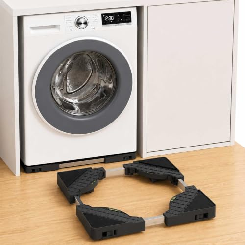 DEWEL Movable Washing Machine Stand with 16 Wheels, Transport Roller, Adjustable Base for Washing Machine, Dryer, Refrigerator, Freezer, Anti-Slip Cushioning Function, 45–65cm, Black