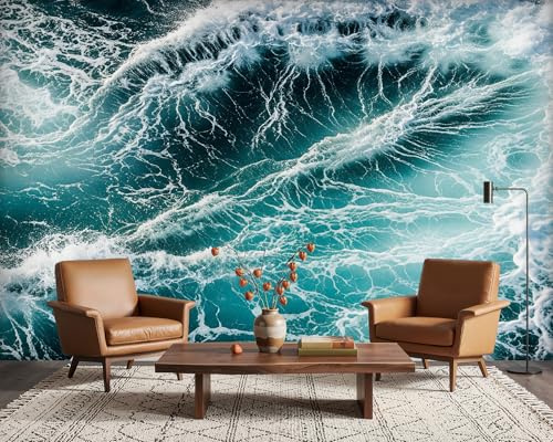 PaxGloz Blue Ocean Wave Wallpaper, 3D Seascape Wall Mural for Living Room & Bedroom, Non-Woven Decorative Wall Art 400x280 cm