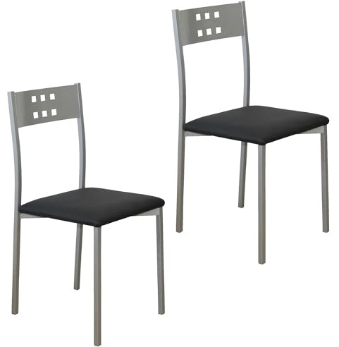 MOMMA HOME Set 2 Sillas de Cocina y salón -Xara - Material Metal Color Plata y Asiento en Cuero sintético - Medidas 41 x 47 x 86 cm. (Negro)