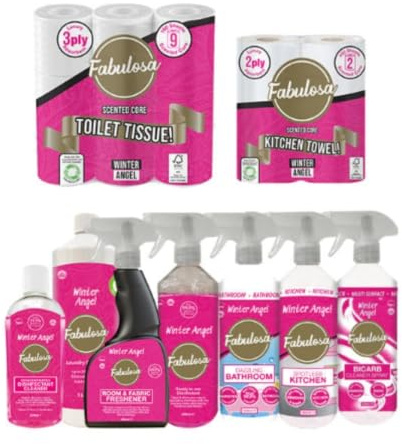 Fabulosa All-in-One Winter Angel General Household Cleaning Mega Bundle, Kitchen Cleaners, Bathroom Cleaners, Antibacterial Sprays and Disinfectants, Kitchen Towel and Toilet Roll Bundle, 9 Pack