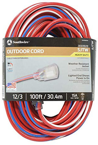 Southwire 2549SWUSA1 100-Feet Contractor Grade; 12/3 Extension Cord with Lighted End; Red White and Blue American Made Extension Cord Indoor and Outdoor Use Water Resistant Flexible Jacket