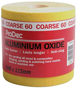 ProDec Rollo de 10 m de papel de lija abrasivo de óxido de aluminio amarillo de grano grueso de 60 G para lijar madera, pintura, yeso, masilla, metal y más, papel de lija de 115 mm de ancho