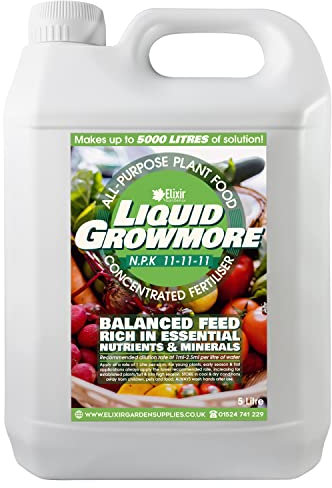 Elixir Gardens Liquid Growmore Concentrate | N.P.K 11-11-11 | 1-10 Litre Bottles Available | Vegetable, Fruit & Flower Food/Plant Fertiliser | 5 L Bottle - Makes up to 5000L
