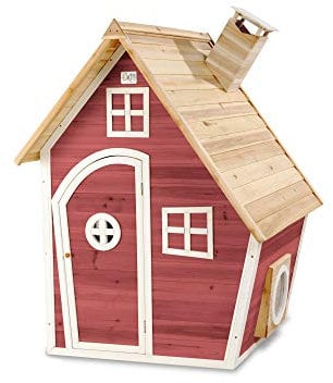 EXIT Toys Fantasia 100 Holzspielhaus für Draußen - Mit Schornstein - Gartenhaus aus Holz für Kinder - Einfache Montage - 100% FSC Zedernholz - TÜV-Zertifiziert - 128x108x171cm - Rot