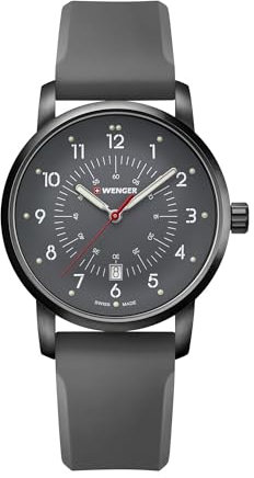 WENGER Herren Armbanduhr Avenue Ø 42mm, Swiss Made, Analog Quarz, Wasserdicht bis 100 m, Silikon-Armband, Grau, 01.1641.120
