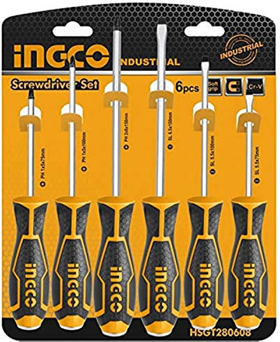 Ingco Hsgt280608 Set Cacciaviti A Battere Professionali Con Gambo Esagonale 6 Giraviti A taglio A Croce In Cromo Vanadio
